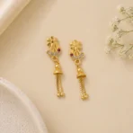 Traditional Gold-Plated Casting Chain Drop Earrings with Ruby and CZ Accents - Image 3