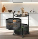 Compact Round 2-Layer Kitchen Trolley with Ventilated Mesh Baskets & Four Swivel Wheels - Image 4