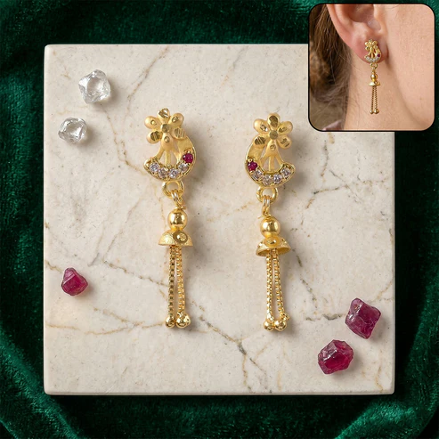 kQJXRS2xZ1 Traditional Gold-Plated Casting Chain Drop Earrings with Ruby and CZ Accents - Image 1