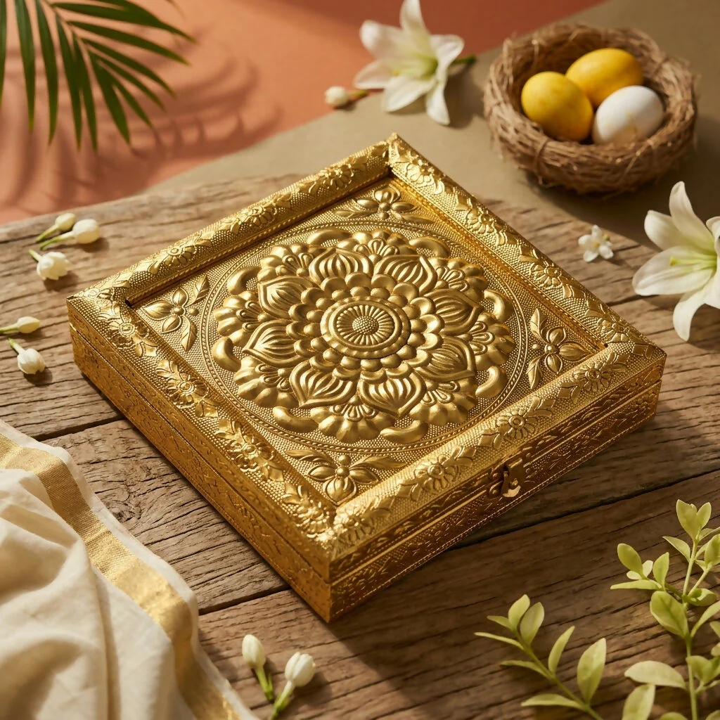 tKFipx7HJ0 Handcrafted Golden Embossed Floral Mandala Design Metal Jewelry Box - Image 1