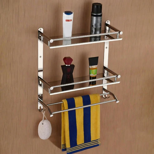 towelbar1 Multipurpose Wall Mounted Bathroom Shelf Organizer with Towel Bar and Storage Rack - Image 1